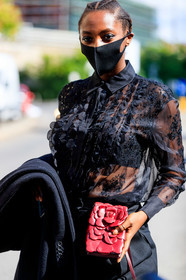 sheer shirt, organza shirt, black shirt, ruffle shirt, embroidered shirt, pearl embroidered shirt, lace shirt, red leather bag, patchwork bag, flower bag, valentino bag, valentino shirt, covid face mask, street style, jonathan paciullo, FW, frenchystyle, fashion week, MFW, MILAN, SPRING SUMMER 2021, SS 21, vertical, detail