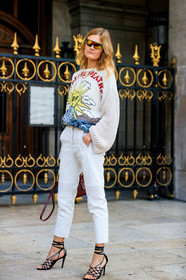 model, white pullover, white leather pants, white total look, mirror sunglasses, futurist shape sunglasses, embroidered pullover, stella mccartney pullover, black leather sandals, high heels sandals, multi straps sandals, cropped pants, PARIS, PFW, SPRING SUMMER 2020, SS 20, fashion week, frenchystyle, FW, jonathan paciullo, street style, vertical, full length