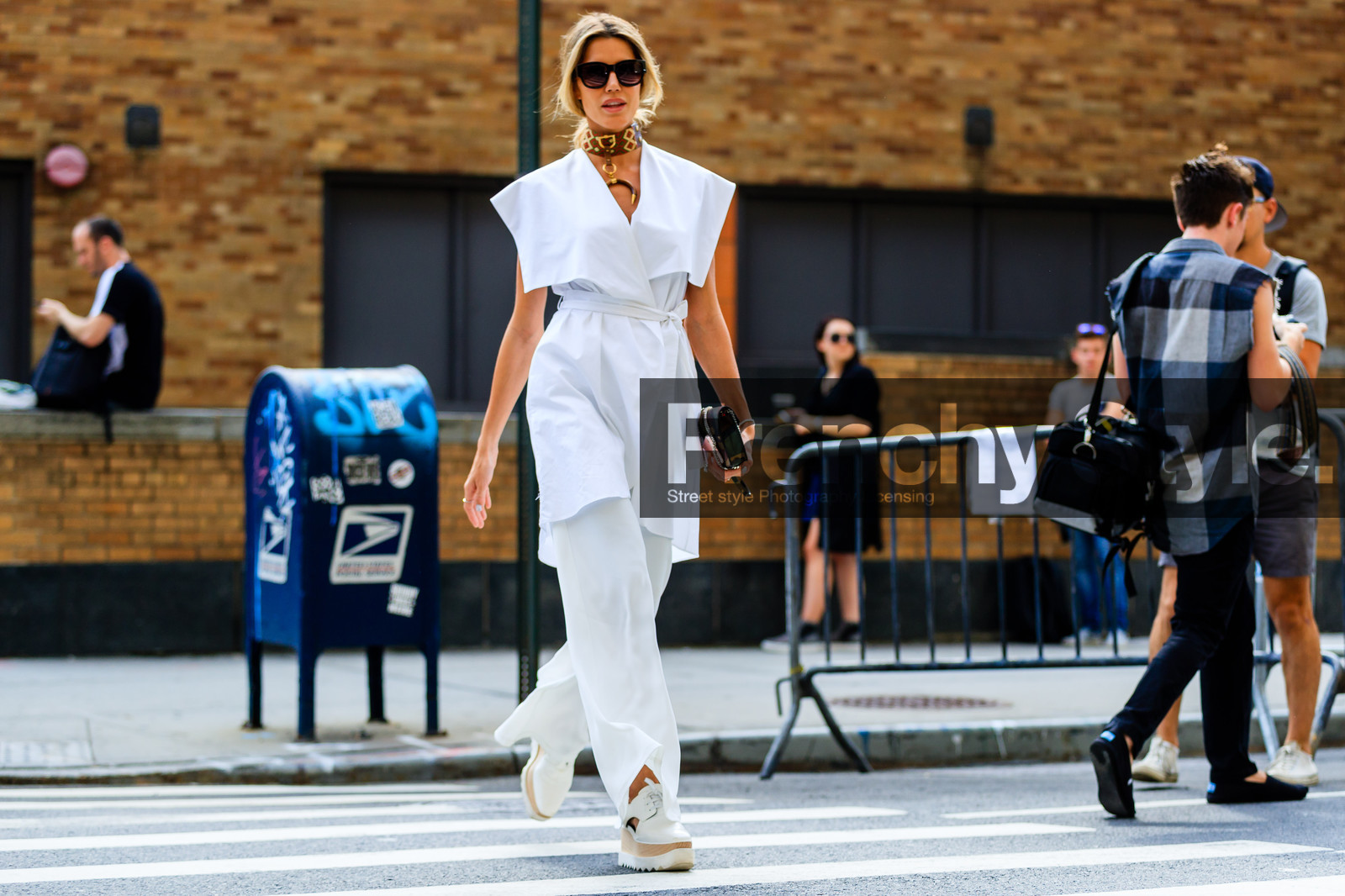 atmosphere details, black bag, fashion week, frenchystyle, full length, FW, graphic shirt, high heels, horizontal, jonathan paciullo, leather bag, leather shoes, martha graeff, necklace, NEW YORK, NYFW, SPRING SUMMER 2017, SS 17, stella mccartney, street style, sunglasses, tied up shirt, trousers, wedges, white pants, white shirt, white shoes, wide pants, woman