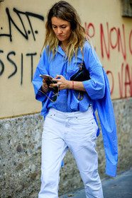 black bag, blue shirt, denim pants, ekatrina mukina, jeans, leather bag, trousers, white denim, street style, jonathan paciullo, FW, frenchystyle, fashion week, MFW, MILAN, SPRING SUMMER 2019, SS 19, vertical, atmosphere details, detail