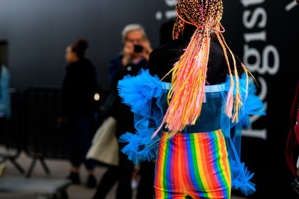 black sweater, braids, dyed hair, graphic pants, multicolor pants, printed pants, rainbow, striped pants, trousers, tulle, fashion week, frenchystyle, FW, jonathan paciullo, street style, LFW, LONDON, SPRING SUMMER 2019, SS 19, atmosphere details, horizontal, detail