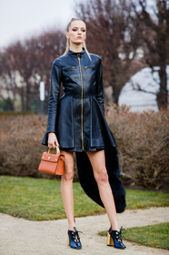 black dress, black shoes, brown bag, christian dior, high heels, leather bag, leather dress, leather shoes, fashion week, frenchystyle, FW, jonathan paciullo, street style, PFW, PARIS, SPRING SUMMER 2017, SS 17, HAUTE COUTURE, vertical, full length, daria strokous