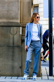 balenciaga, blazer, grey jacket, grey pants, grey suit, leather shoes, sunglasses, trousers, white sneakers, white top, fashion week, frenchystyle, FW, jonathan paciullo, street style, LFW, LONDON, SPRING SUMMER 2019, SS 19, vertical, full length