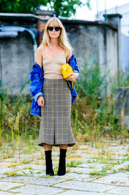 beige skirt, beige top, blue denim, brown skirt, checked skirt, denim jacket, elephants, fashion week, frenchystyle, full length, FW, graphic bag, graphic skirt, high heels, jonathan paciullo, leather bag, leather shoes, loewe, MFW, MILAN, off the shoulder, plaid, SPRING SUMMER 2017, SS 17, street style, sunglasses, vertical, yellow bag