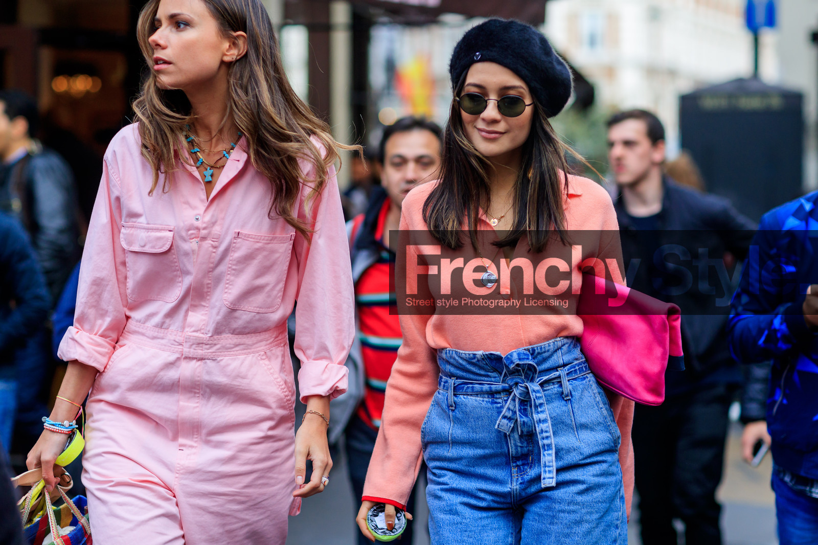 anna rosa vitiello, atmosphere details, beret, black hat, blue denim, denim pants, detail, fashion week, florrie thomas, frenchystyle, FW, high waist, horizontal, jeans, jonathan paciullo, leather bag, LFW, LONDON, necklace, pink bag, pink cardigan, pink jumpsuit, SPRING SUMMER 2018, SS 18, street style, trousers