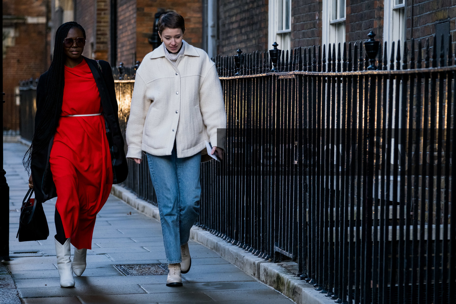 white bombers, white coat, blue jeans, red dress, belted dress, knit dress, knitwear, drape dress, long dress, black jacket, cowboy boots, white leather boots, laced boots, flat boots, fashion week, frenchystyle, FW, jonathan paciullo, street style, LFW, LONDON, AUTUMN WINTER 2020-2021, FALL WINTER 2020-2021, FW 20-21, horizontal, atmosphere details, full length