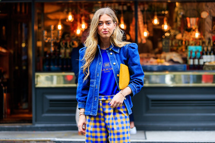 balenciaga, blue denim, blue t shirt, checked, denim jacket, emili sindlev, graphic pants, leather bag, plaid, printed pants, sunglasses, trousers, wide pant, yellow bag, yellow pants, fashion week, frenchystyle, FW, jonathan paciullo, street style, LFW, LONDON, SPRING SUMMER 2019, SS 19, atmosphere details, horizontal, detail