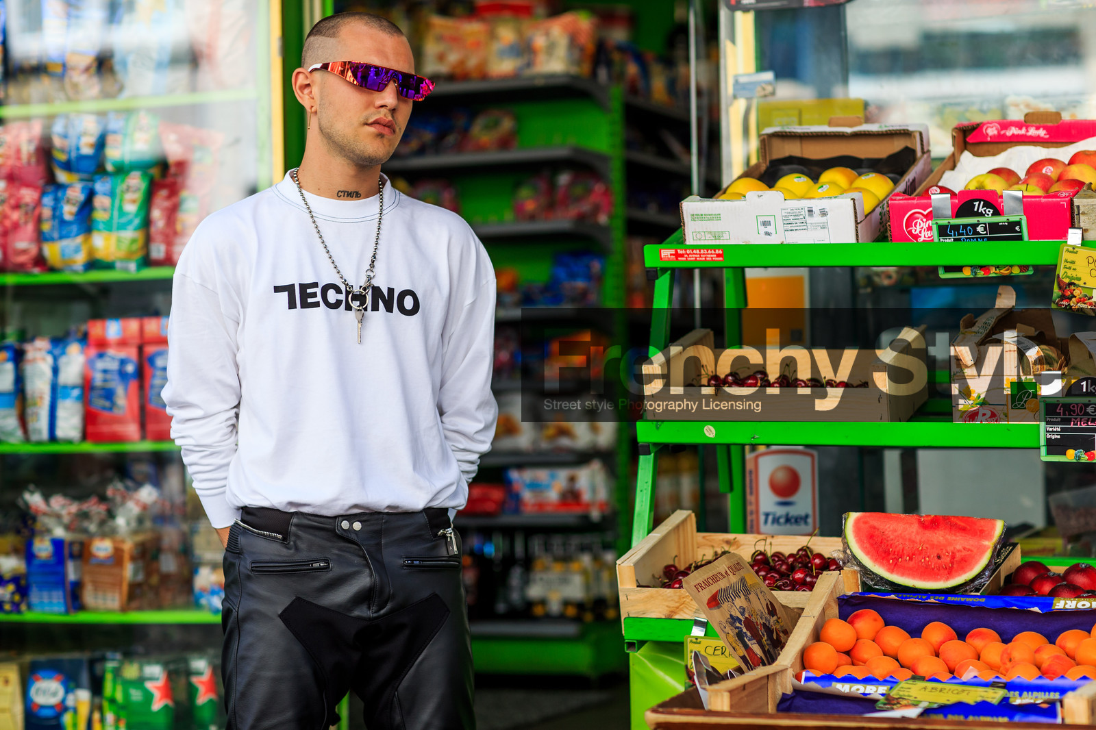 atmosphere details, black pants, detail, fashion week, frenchystyle, FW, gosha rubchinskiy, horizontal, jonathan paciullo, leather pants, MENSWEAR, mirror effect, necklace, PARIS, PFW, printed sweater, SPRING SUMMER 2017, SS 17, street style, sunglasses, trousers, white sweater