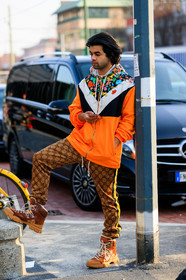 brown boots, brown pants, checked, floral, flowers, graphic jacket, graphic pants, gucci, leather shoes, monogram, orange jacket, plaid, printed jacket, printed pants, trousers, fashion week, frenchystyle, FW, jonathan paciullo, street style, MFW, MILAN, AUTUMN WINTER 2019-2020, AW 19-20, FALL WINTER 2019-2020, FW 19-20, vertical, full length