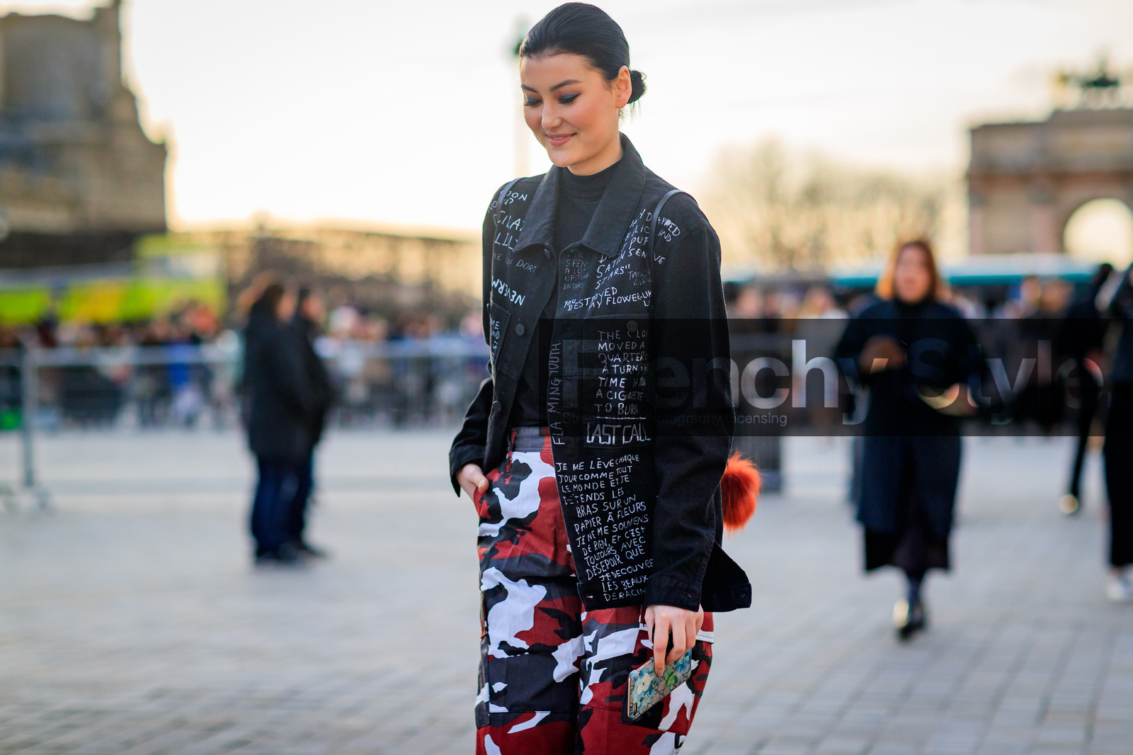 atmosphere details, AUTUMN WINTER 2017-2018, AW 17-18, black denim, black jacket, black sweater, camo pants, camouflage, denim jacket, detail, FALL WINTER 2017-2018, fashion week, frenchystyle, FW, FW 17-18, graphic jacket, horizontal, jonathan paciullo, PARIS, PFW, printed jacket, printed pants, red pants, street style, trousers