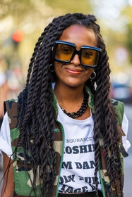 bag, black sunglasses, camo jacket, camouflage print, jacket, necklace, oversize sunglasses, printed jacket, printed t-shirt, skirt, sleveless jacket, sunglasses, t-shirt, white t-shirt, zipped jacket, street style, jonathan paciullo, FW, frenchystyle, fashion week, PFW, PARIS, SPRING SUMMER 2022, SS 22, vertical, atmosphere details