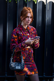 bag, color, corduroy jacket, corduroy skirt, crop jacket, floral print, flower print, grey bag, logo print, multicolor, orange jacket, orange skirt, pink jacket, pink skirt, print, printed bag, purple jacket, purple skirt, skirt, street style, jonathan paciullo, FW, frenchystyle, fashion week, PFW, PARIS, SPRING SUMMER 2022, SS 22, vertical, atmosphere details