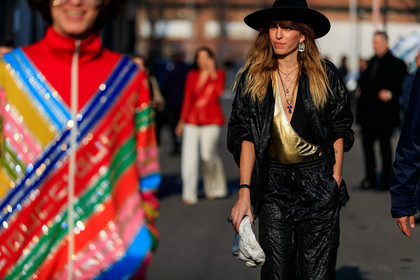 black hat, black jacket, black pants, earrings, golden details, leather bag, necklace, swimsuit, trousers, fashion week, frenchystyle, FW, jonathan paciullo, street style, MFW, MILAN, AUTUMN WINTER 2019-2020, AW 19-20, FALL WINTER 2019-2020, FW 19-20, atmosphere details, detail, horizontal