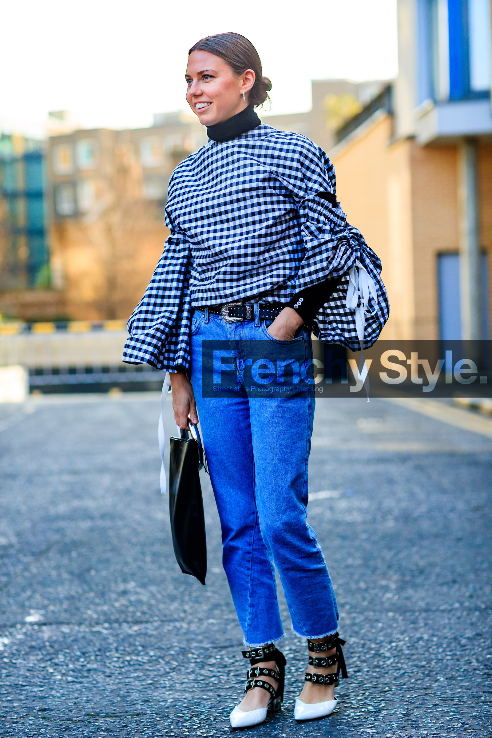 AUTUMN WINTER 2017-2018, AW 17-18, black and white shoes, black bag, blue denim, checked top, denim pants, FALL WINTER 2017-2018, fashion week, felicity kay, frenchystyle, full length, FW, FW 17-18, gingham, graphic bag, graphic top, high heels, jeans, jonathan paciullo, leather bag, leather shoes, LFW, LONDON, printed top, street style, trousers, vertical