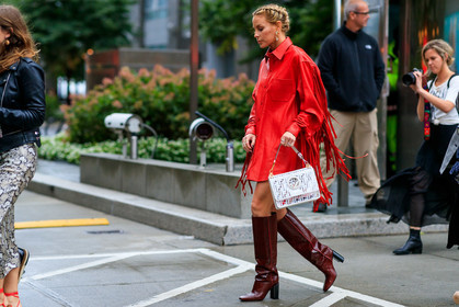 braids, brown boots, earrings, fendi, fringes, graphic bag, high boots, high heels, leather bag, leather shirt, leather shoes, monogram, oversize, printed bag, red shirt, transparent bag, white bag, fashion week, frenchystyle, FW, jonathan paciullo, street style, NEW YORK, NYFW, SPRING SUMMER 2020, SS 20, horizontal, atmosphere details, full length