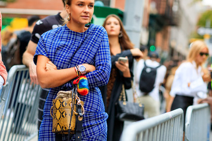 animal print, blue dress, checked, chloé, earrings, graphic bag, graphic dress, leather bag, nina suess, plaid, printed bag, printed dress, snake print, watch, yellow bag, street style, jonathan paciullo, FW, frenchystyle, fashion week, NYFW, NEW YORK, SPRING SUMMER 2019, SS 19, atmosphere details, horizontal, detail