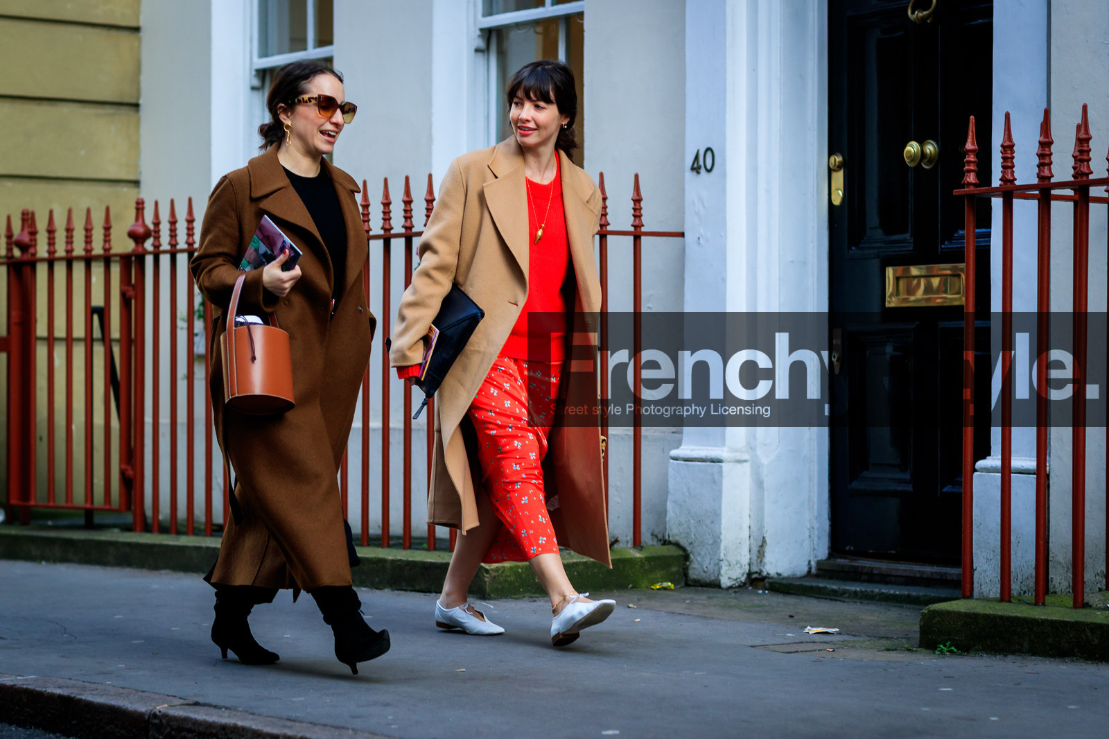 beige coat, black bag, black shoes, brown bag, brown coat, graphic skirt, high heels, leather bag, leather shoes, printed skirt, red skirt, red sweater, sunglasses, white shoes, fashion week, frenchystyle, FW, jonathan paciullo, street style, LFW, LONDON, AUTUMN WINTER 2018-2019, AW 18-19, FALL WINTER 2018-2019, FW 18-19, horizontal, atmosphere details, full length