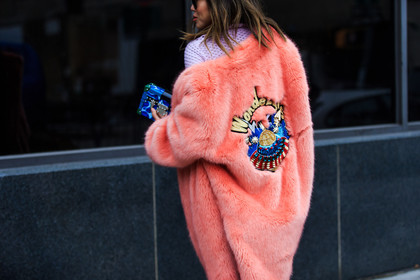 aimee song, atmosphere details, AUTUMN WINTER 2016-2017, AW 16-17, back detail, black boots, blue bag, blue clutch, detail, embroidered coat, fashion week, frenchystyle, fur coat, FW, FW 16-17, horizontal, jonathan paciullo, leather shoes, mini bag, NEW YORK, NYFW, pink coat, sequined, street style, white sweater, woman