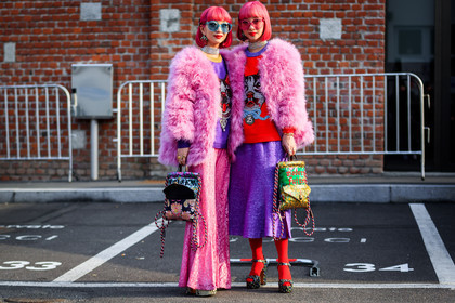 animal print, chinese print, choker, dyed hair, floral, flowers, fur jacket, fuschia, glitter, graphic bag, gucci, high heels, japanese print, leather bag, leather shoes, multicolor bag, necklace, pink fur, pink hair, pink jacket, pink pants, printed bag, printed shoes, purple skirt, purple sweater, red lips, red sweater, rings, sequined pants, sequined skirt, shiny pants, shiny skirt, sunglasses, tights, fashion week, frenchystyle, FW, jonathan paciullo, street style, MFW, MILAN, AUTUMN WINTER 2018-2019, FALL WINTER 2018-2019, FW 18-19, horizontal, atmosphere details, full length