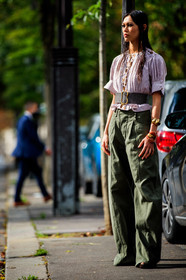 jade nguyen, kaki pants, loose pants, striped blouse, short sleeve blouse, belted blouse, hair details, make up, make up details, embroidered blouse, floral embroidered blouse, camel blouse, white blouse, brown leather belt, big belt, golden buckle belt, chloe blouse, chloe look, chloe pants, chloe belt, fashion week, frenchystyle, FW, jonathan paciullo, street style, PFW, PARIS, SPRING SUMMER 2021, SS 21, vertical, full length, model