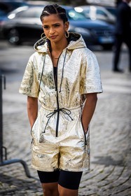 biker short, earrings, gold earrings, hoops, jumpsuit, lace up boots, short jumpsuit, silver jumpsuit, zipped jumpsuit, street style, jonathan paciullo, FW, frenchystyle, fashion week, PFW, PARIS, SPRING SUMMER 2022, SS 22, vertical, atmosphere details