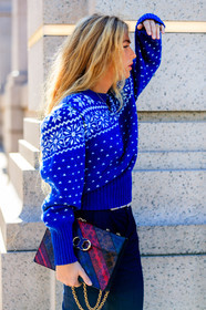 atmosphere details, blue knit, blue pants, blue sweater, detail, emili sindlev, fashion week, frenchystyle, FW, jonathan paciullo, leather bag, multicolor bag, NEW YORK, NYFW, SPRING SUMMER 2018, SS 18, street style, trousers, vertical