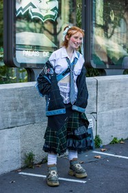 bead necklace, blue jacket, blue tie, blush, checked jacket, checked skirt, green skirt, hairstyle, jacket, lace, makeup, patchwork, pony tail, print, printed jacket, printed skirt, printed tie, ruggles, skirt, smartphone, sock, tartan skirt, tie, white shirt, boots, sock, khaki boots, fashion week, frenchystyle, FW, jonathan paciullo, street style, PFW, PARIS, SPRING SUMMER 2022, SS 22, vertical, full length