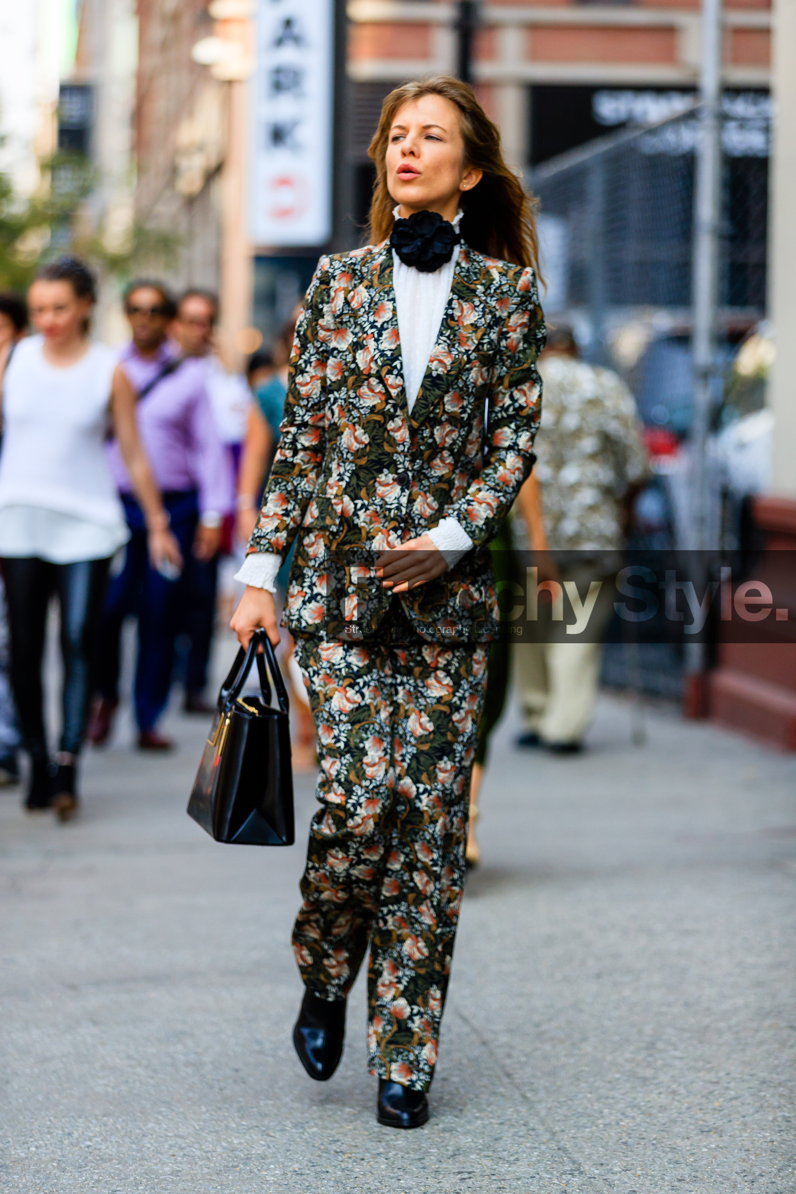 black bag, black shoes, fashion week, floral, flower, frenchystyle, full length, FW, green suit, jonathan paciullo, leather bag, leather shoes, NEW YORK, NYFW, printed suit, SPRING SUMMER 2017, SS 17, street style, vertical, white shirt, woman