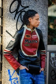 vintage jacket, leather jacket, racer jacket, red jacket, classic jeans, belt bag, model, fashion week, frenchystyle, FW, jonathan paciullo, street style, vertical, atmosphere details, detail