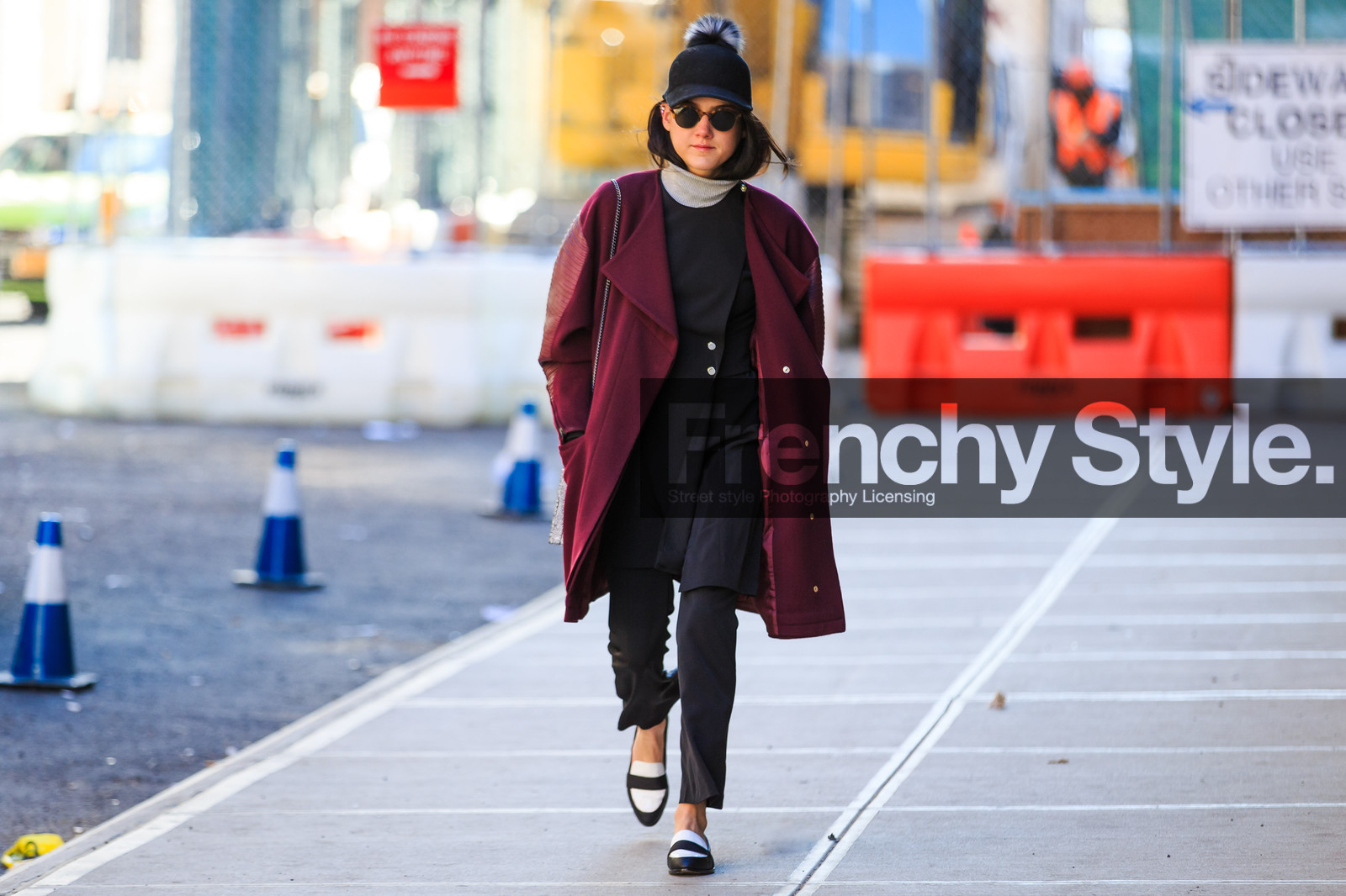 atmosphere details, AUTUMN WINTER 2016-2017, AW 16-17, black and white loafers, black dress, black hat, black pants, bordeaux, burgundy, FALL WINTER 2016-2017, fashion week, frenchystyle, full length, FW, FW 16-17, horizontal, jonathan paciullo, leather shoes, loafers, NEW YORK, NYFW, pompons, red coat, street style, sunglasses, trousers, woman