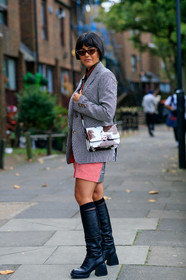maria bernad, futurist shape sunglasses, smoked sunglasses, metalic frame sunglasses, burberry shirt, beige shirt, monogrammed shirt, burberry bag, animal printed bag, brown leather bag, white leather bag, crossbody bag, checked suits, brown jacket, red dress, checked dress, button dress, high boots, black leather boots, used boots, fashion week, frenchystyle, FW, jonathan paciullo, street style, vertical, full length