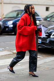 red pullover, long pullover, black leather pants, black slippers, fishnet socks, kitten heels shoes, jimmy choo shoes, fashion week, frenchystyle, FW, jonathan paciullo, street style, PFW, PARIS, vertical, full length