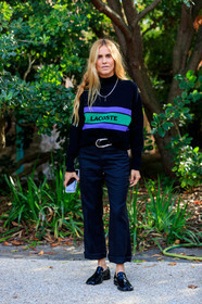 blanca miro scrimieri, blue pullover, black pullover, striped pullover, lacoste pullover, black leather belt, black pants, black leather loafers, margiela shoes, camel toe margiela shoes, belted pants, flare pants, PARIS, PFW, SPRING SUMMER 2020, SS 20, fashion week, frenchystyle, FW, jonathan paciullo, street style, vertical, full length