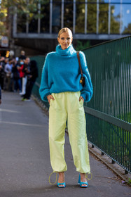 blue sandals, blue turtleneck, knitwear, large pants, Leonie Hanne, pants, sandals, turquoise knitwear, turquoise sandals, turquoise turtleneck, turtleneck, yellow pants, fashion week, frenchystyle, FW, jonathan paciullo, street style, PFW, PARIS, SPRING SUMMER 2022, SS 22, vertical, full length