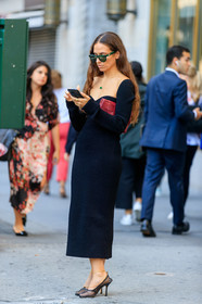 black dress, black shoes, bottega veneta, erika boldrin, fishnet, high heels, knit dress, leather bag, leather shoes, necklace, red bag, sunglasses, fashion week, frenchystyle, FW, jonathan paciullo, street style, NEW YORK, NYFW, SPRING SUMMER 2020, SS 20, vertical, full length
