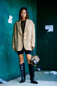aimee song, beige jacket, black shoes, black shorts, blazer, brown bag, graphic bag, high boots, high heels, leather bag, leather shoes, louis vuitton, mini bag, monogram, necklace, oversize, printed bag, street style, jonathan paciullo, FW, frenchystyle, fashion week, NYFW, NEW YORK, SPRING SUMMER 2019, SS 19, vertical, full length
