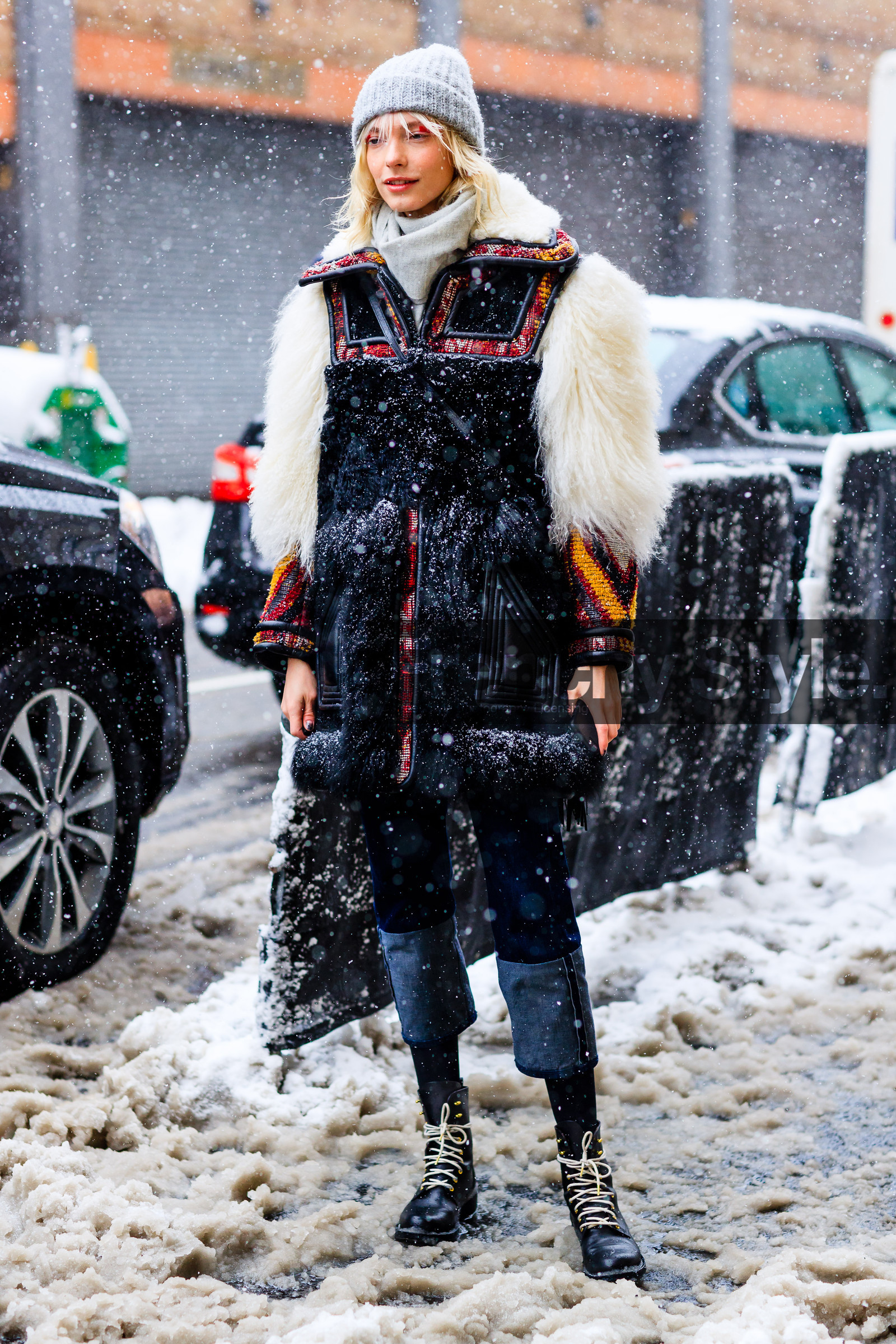 AUTUMN WINTER 2017-2018, AW 17-18, black boots, black fur, blue denim, denim pants, FALL WINTER 2017-2018, fashion week, frenchystyle, full length, Fur coat, FW, FW 17-18, grey beanie, jeans, jonathan paciullo, leather boots, model, NEW YORK, NYFW, street style, trousers, vertical, white fur