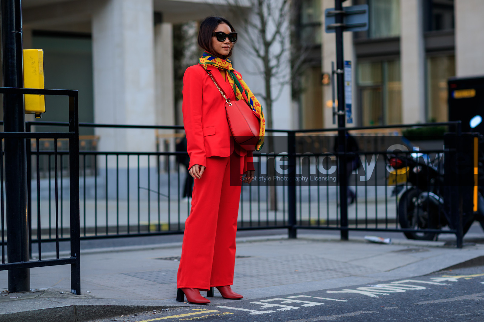 high heels, leather bag, leather shoes, printed scarf, red bag, red boots, red jacket, red pants, red suit, sunglasses, trousers, yellow scarf, fashion week, frenchystyle, FW, jonathan paciullo, street style, LFW, LONDON, AUTUMN WINTER 2018-2019, AW 18-19, FALL WINTER 2018-2019, FW 18-19, horizontal, atmosphere details, full length