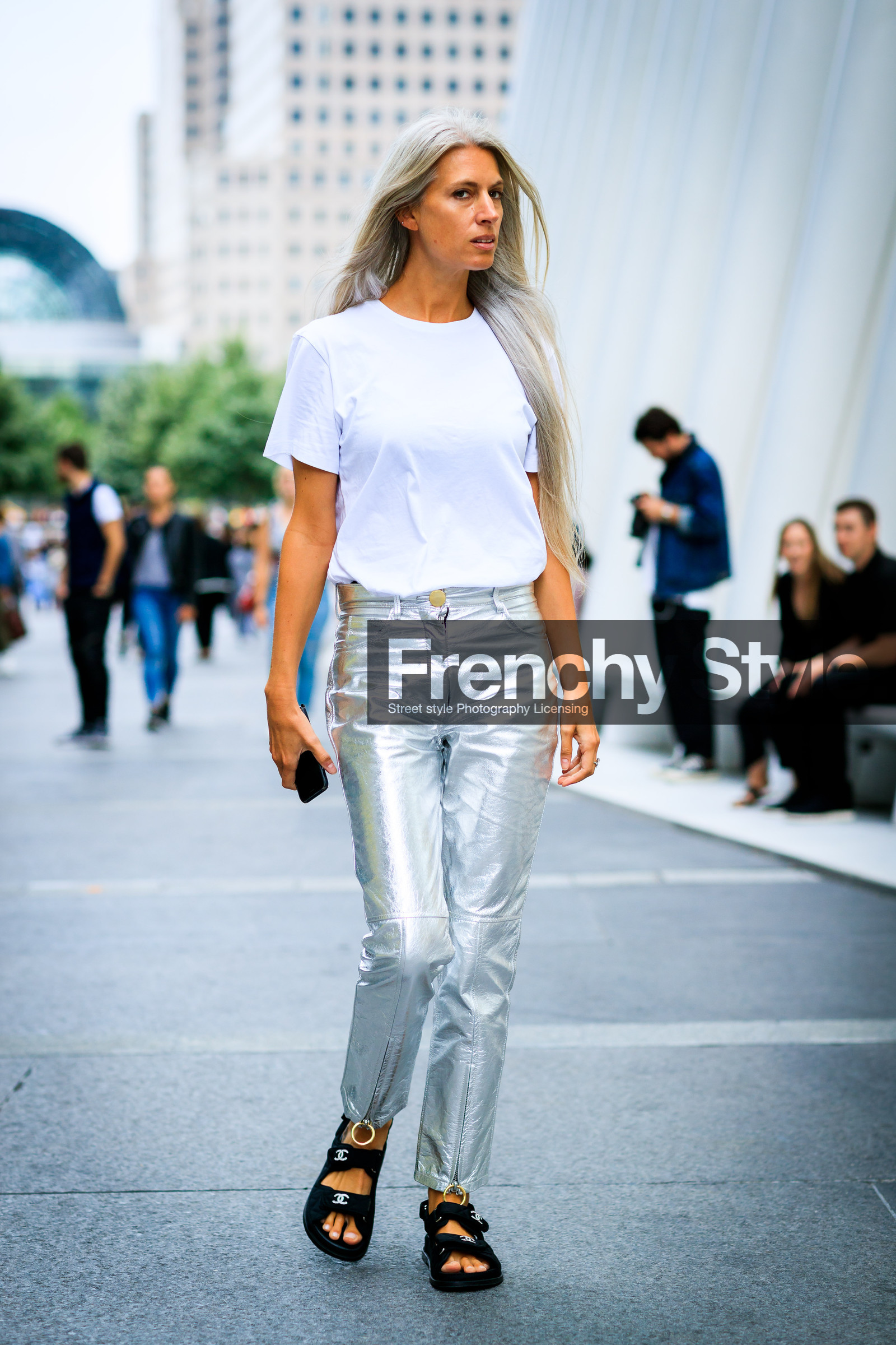 black sandals, black shoes, chanel, leather shoes, sarah harris, shiny pants, silver pants, trousers, white t shirt, street style, jonathan paciullo, FW, frenchystyle, fashion week, NYFW, NEW YORK, SPRING SUMMER 2019, SS 19, vertical, full length