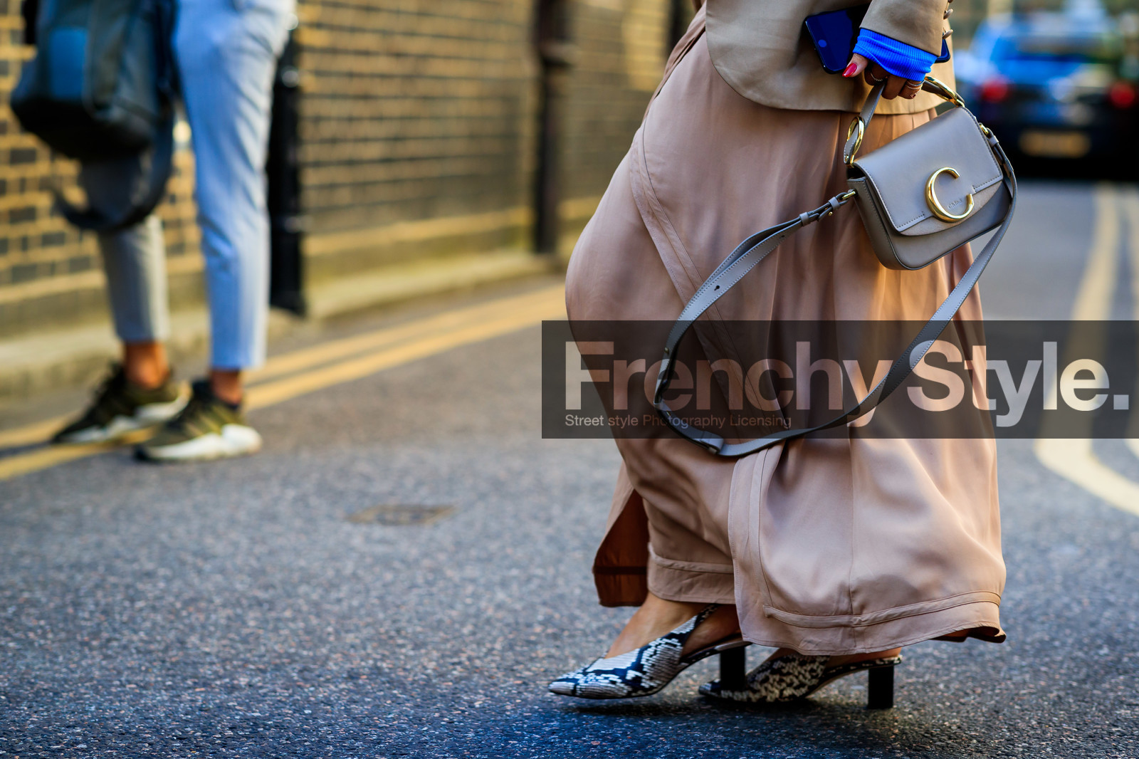 iphone, chloe bag, nude skirt, silk skirt, long skirt, animal skin shoes, sling back shoes, fashion week, frenchystyle, FW, jonathan paciullo, street style, atmosphere details, horizontal, detail