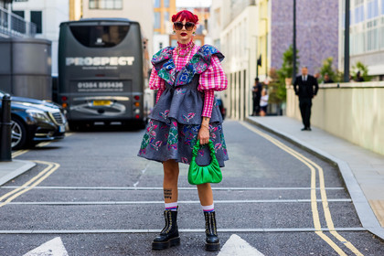 Eve Lily, print, flower dress, flowered dress, plaid shirt, ruffles, handbag, green, pink, sunglasses, earrings, necklace, fashion week, frenchystyle, FW, jonathan paciullo, street style, SPRING SUMMER 2022, SS 22, LFW, LONDON, horizontal, full length, atmosphere details