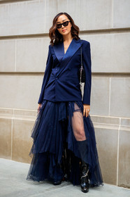black bag, black shoes, blazer, blue skirt, glitter, high boots, high heels, leather bag, leather shoes, navy jacket, sequined bag, shiny bag, sunglasses, tulle, frenchystyle, jonathan paciullo, street style, NYFW, NEW YORK, AUTUMN WINTER 2019-2020, AW 19-20, FALL WINTER 2019-2020, FW 19-20, fashion week, FW, vertical, full length