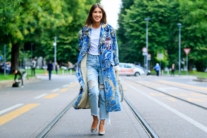 atmosphere details, blue coat, blue denim, brocard, brooch, denim pants, embroidered coat, fashion week, frenchystyle, full length, FW, high heels, horizontal, jeans, jonathan paciullo, leather shoes, MFW, MILAN, miu miu, overcoat, patricia manfield, pearls, printed coat, ripped pants, silver shoes, SPRING SUMMER 2017, SS 17, street style, trousers, white bag, white t shirt