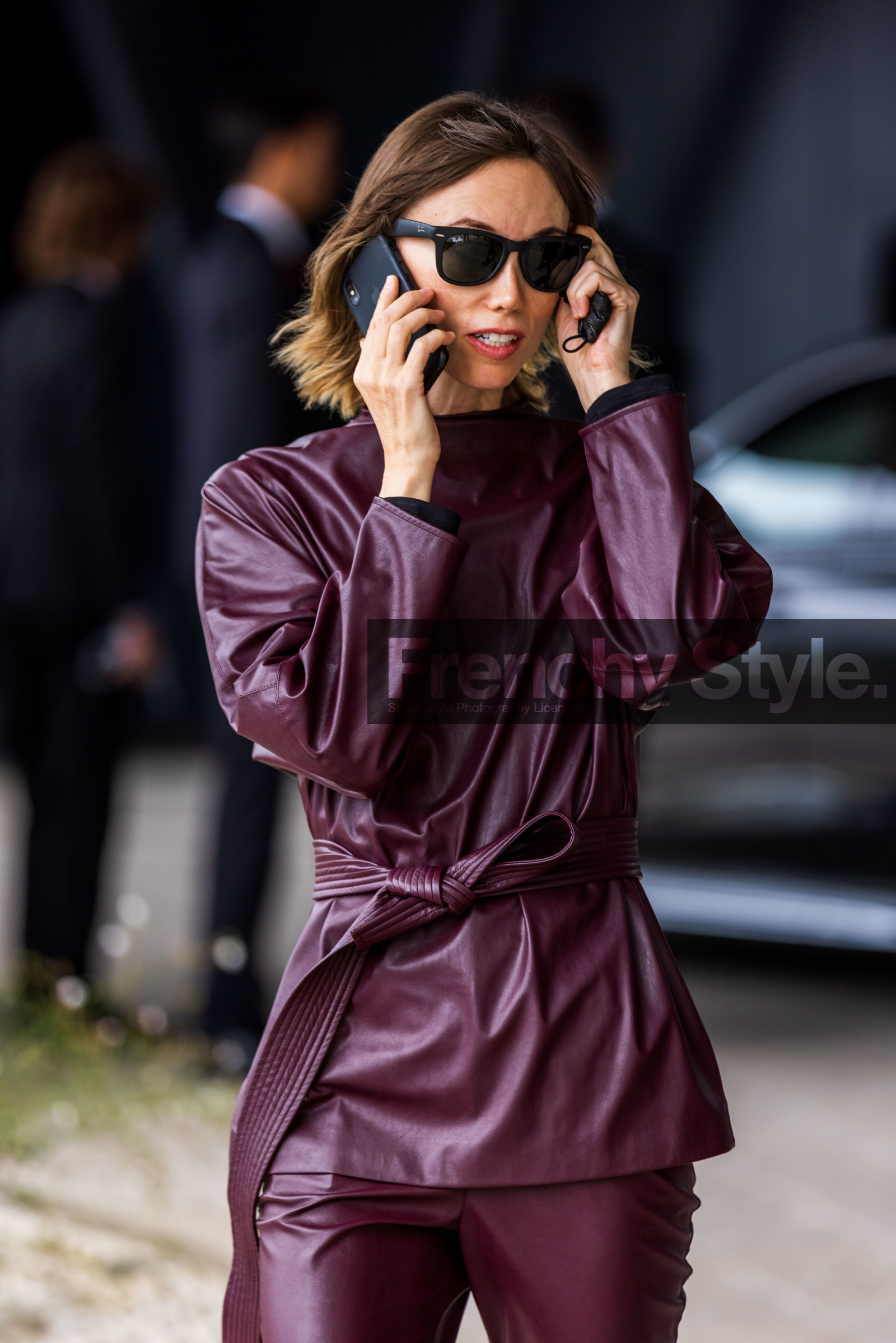 Anya Ziourova, belted top, burgundy pants, burgundy top, leather top, pants, rayban, sunglasses, top, fashion week, frenchystyle, FW, jonathan paciullo, street style, PFW, PARIS, SPRING SUMMER 2022, SS 22, vertical, atmosphere details