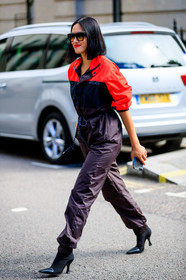 black shoes, bordeaux, burgundy, leather shoes, purple jumpsuit, red, red lips, Tiffany Hsu, trousers, fashion week, frenchystyle, FW, jonathan paciullo, street style, LFW, LONDON, SPRING SUMMER 2019, SS 19, vertical, full length