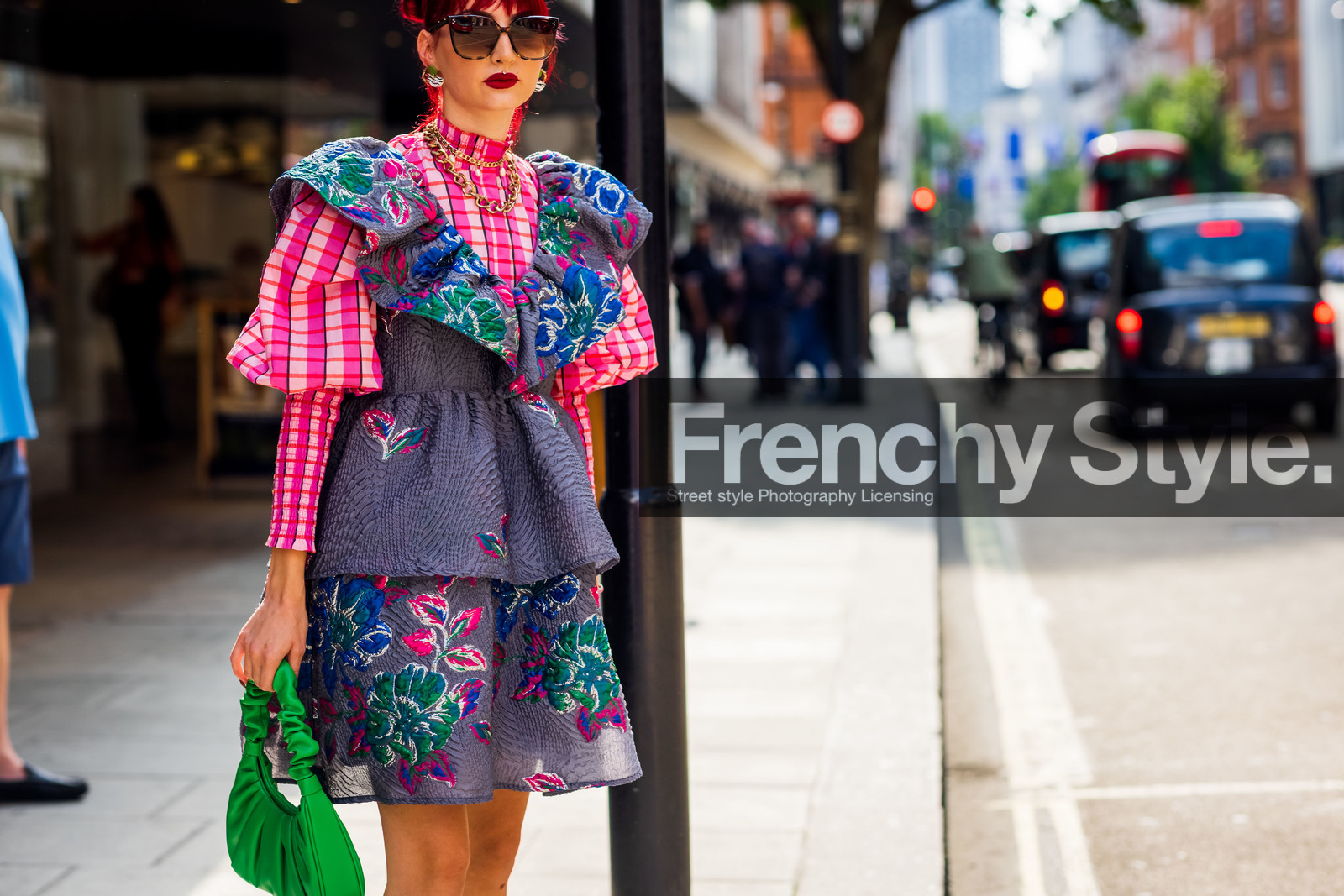 Eve Lily, print, flower dress, flowered dress, plaid shirt, ruffles, handbag, green, pink, sunglasses, earrings, necklace, fashion week, frenchystyle, FW, jonathan paciullo, street style, SPRING SUMMER 2022, SS 22, LFW, LONDON, horizontal, atmosphere details, detail