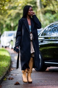 beige skirt, black coat, blue crop top, boots, camel boots, coat, crop top, high boots, leather boots, Rajni Lucienne Jacques, skirt, street style, jonathan paciullo, FW, frenchystyle, fashion week, PFW, PARIS, SPRING SUMMER 2022, SS 22, vertical, full length