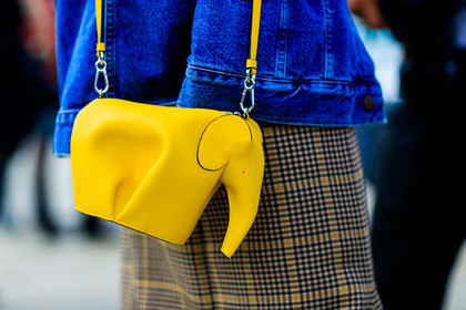 atmosphere details, beige skirt, blue denim, brown skirt, checked skirt, denim jacket, detail, elephants, fashion week, frenchystyle, FW, graphic bag, graphic skirt, horizontal, jonathan paciullo, leather bag, loewe, MFW, MILAN, plaid, SPRING SUMMER 2017, SS 17, street style, yellow bag