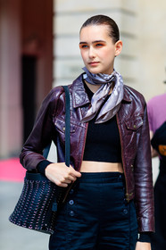 alexia bellini, AUTUMN WINTER 2016-2017, AW 16-17, beige scarf, black bag, black pants, bordeaux, burgundy, embroidered bag, eyeshadow, FALL WINTER 2016-2017, fashion week, frenchystyle, full length, FW, FW 16-17, HAUTE COUTURE, jonathan paciullo, leather bag, leather jacket, MENSWEAR, model, PARIS, PFW, printed scarf, pulled back hair, red jacket, skincare, street style, trousers, vertical, wet hair