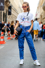 adidas, black bag, blue denim, denim pants, jeans, leather bag, leather shoes, printed t shirt, sunglasses, trousers, white sneakers, white t shirt, fashion week, frenchystyle, FW, jonathan paciullo, street style, PFW, PARIS, vertical, full length, model, AUTUMN WINTER 2018-2019, FALL WINTER 2018-2019, FW 18-19